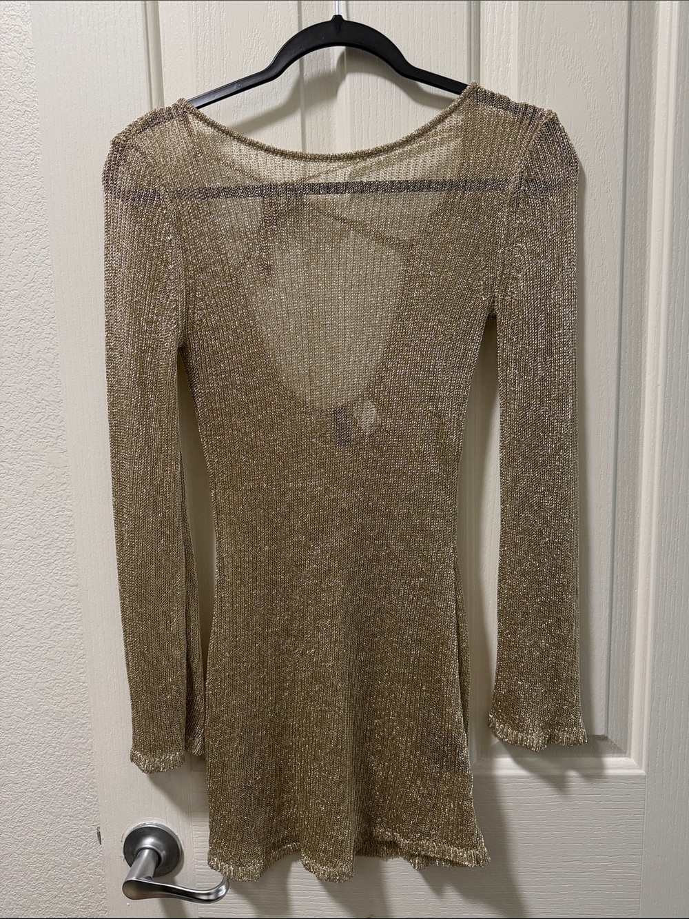 H&M Shimmery Long-Sleeve Sheer Knit Dress - Gold